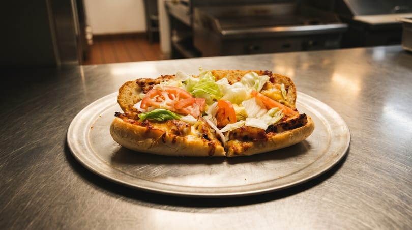 A toasted sub sandwich with melted cheese, lettuce, and tomatoes on a metal plate.