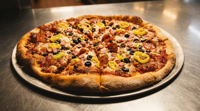 A whole pizza with pepperoni, ham, black olives, and banana peppers on a metal tray.
