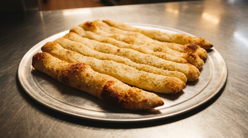 Golden-brown breadsticks, sprinkled with herbs and spices, arranged on a round metal tray.