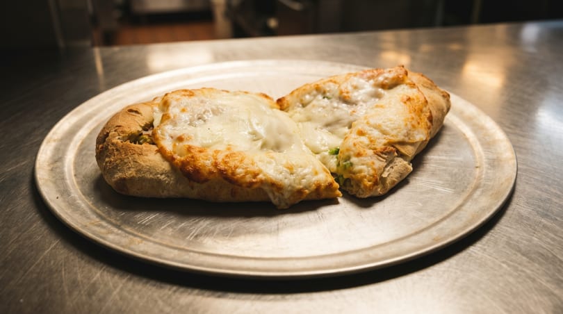Two golden-brown calzones, generously topped with melted cheese, rest on a metal pizza pan.