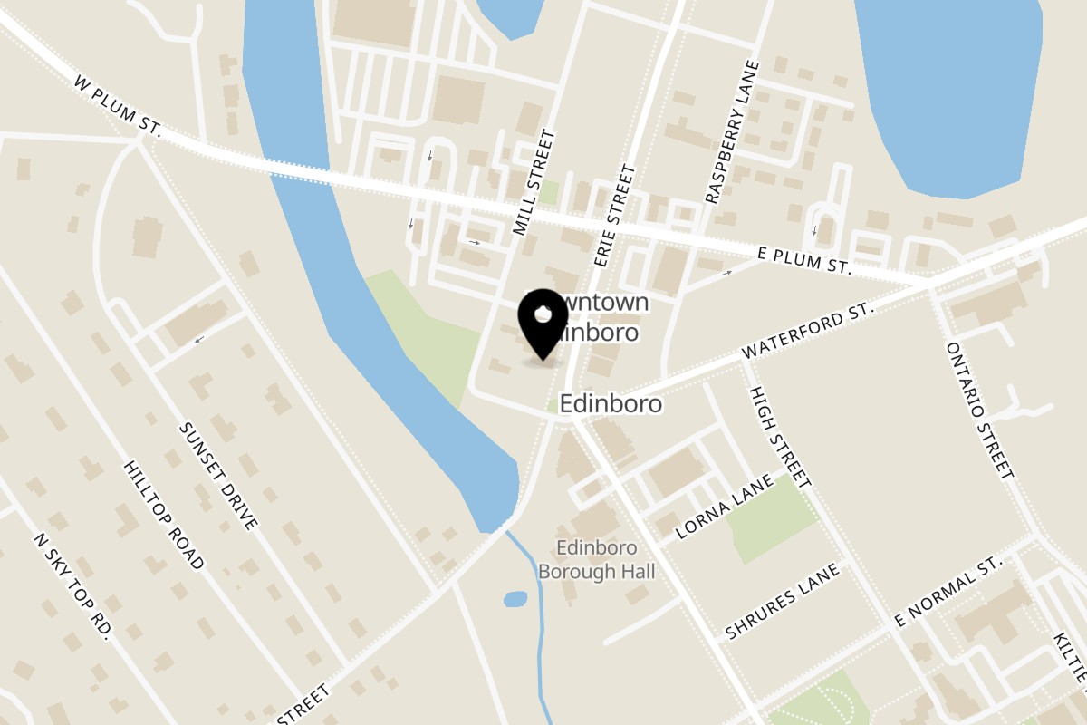 Map showing the location of Johns Wildwood Pizzeria Edinboro on 105 Erie St in Edinboro